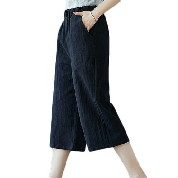 Summer Women Elastic Loose Wide Leg Straight Solid Color Capri Pants Trousers