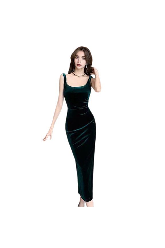 Summer Women Evening Dress Sleeveless Slim Fit Backless Pure Color Split Hem Velvet U-shaped Neck Prom Cocktail Party Midi Dress