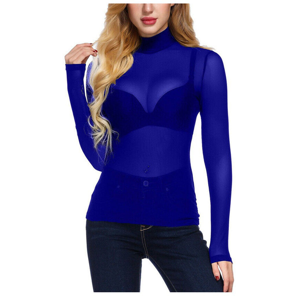 Naileksi Women Long Sleeve Mesh Layering Top Y2k Sexy See Through Crop  Blouse Solid Mock Neck Slim Fit Sheer Shirt Tee Baby Blue at  Women's  Clothing store
