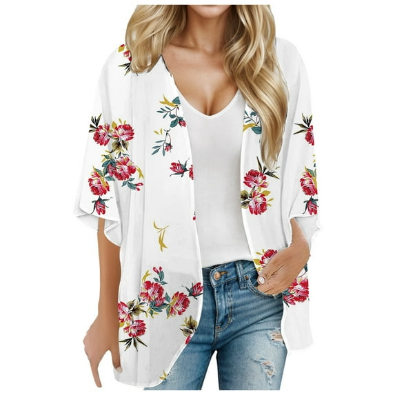 Summer Women Floral Printed Puff Sleeve Chiffon Kimono Cardigan Loose Cover Up Casual Blouse Tops