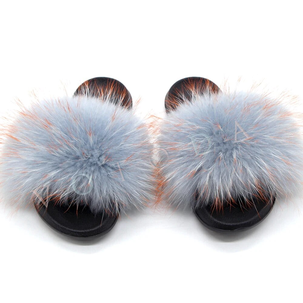 URSFUR Women's Fur Slides - Genuine Raccoon Fur, Open Toe, Non-Slip EVA Sole, Summer Slippers - View #2