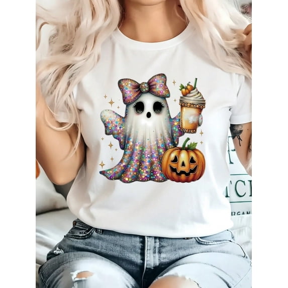 Summer Plus Size Women Halloween Ghost Pumpkin Bow Jack O Lantern Print Crew Neck Short Sleeve Tee