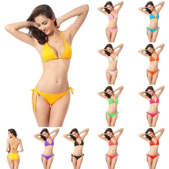 Summer Women Halter Bandage Bikini Set Two-piece Solid Color Swimsuit Swimwear