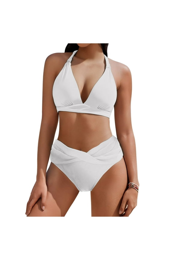 Summer Women Halter Bikini Set-Two Piece Triangle Swimwear Support Push-Up No Steel Bathing Suit Tummy Control High Waisted Swimwear Sexy Causal Bikini Set Pool Party Beach Holiday Bikini Set