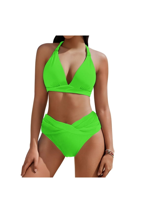 Summer Women Halter Bikini Set-Two Piece Triangle Swimwear Support Push-Up No Steel Bathing Suit Tummy Control High Waisted Swimwear Sexy Causal Bikini Set Pool Party Beach Holiday Bikini Set