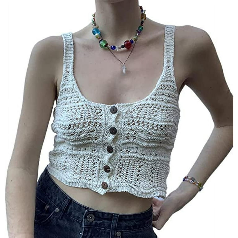 Summer Women Knitted Patchwork Tank Top 90s Vintage Cami Crop Top Crochet  Hollow Out Seaside Beach Club Camisole