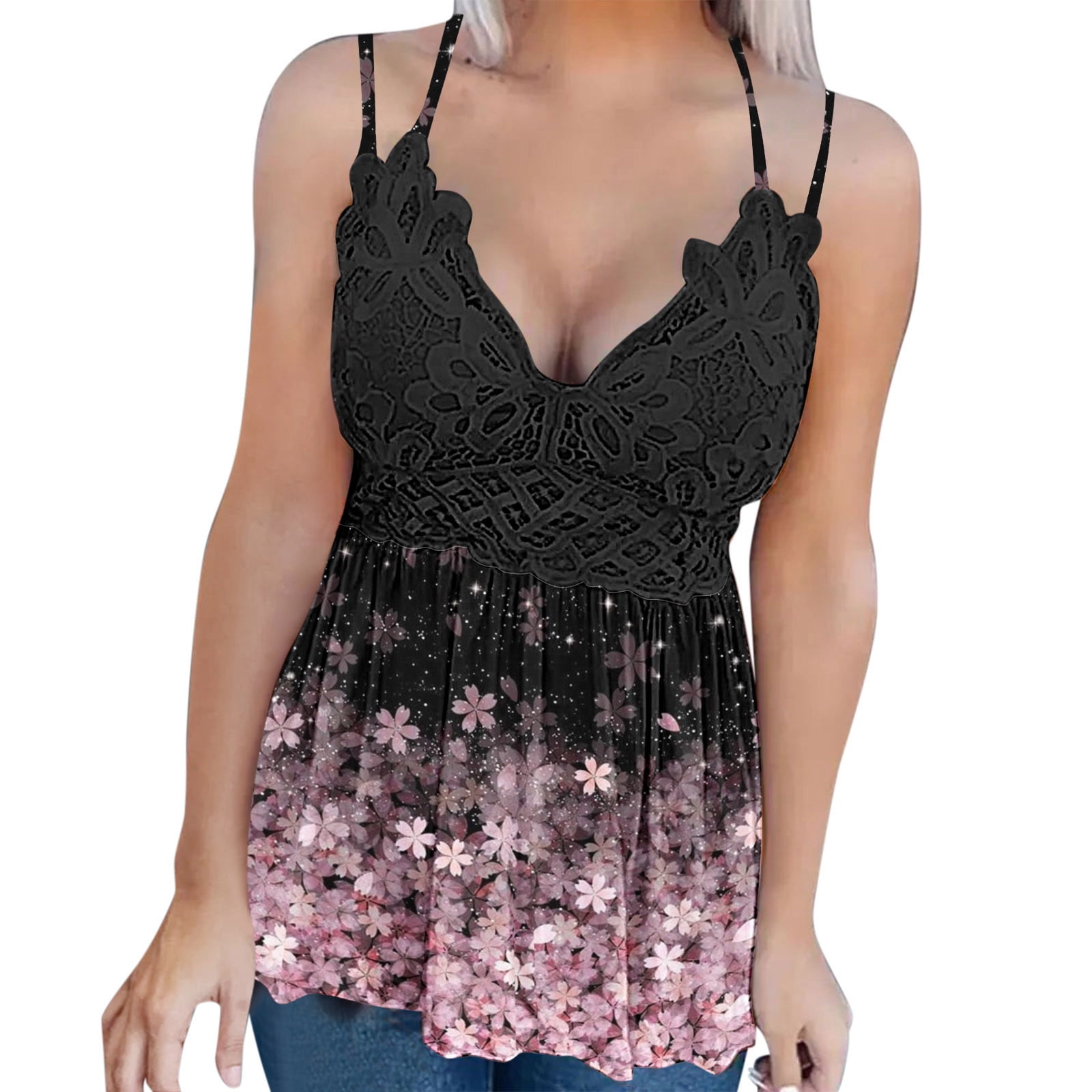 Top Cleavage Summer Top For Women Lace Deep V Neck Chiffon Cami