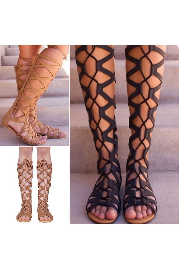 Summer Women Ladies Fashion Casual Flats Knee High Boots Lacing Shoes Sandals Black qILAKOG Size 5.5