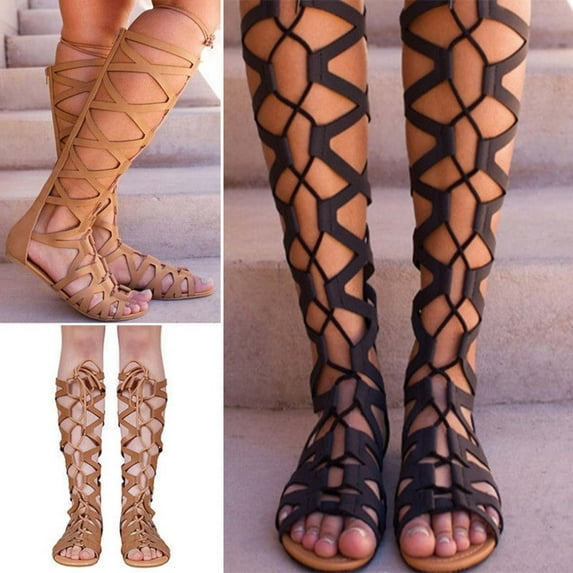 Summer Women Ladies Fashion Casual Flats Knee High Boots Lacing Shoes Sandals Brown qILAKOG Size 7.5
