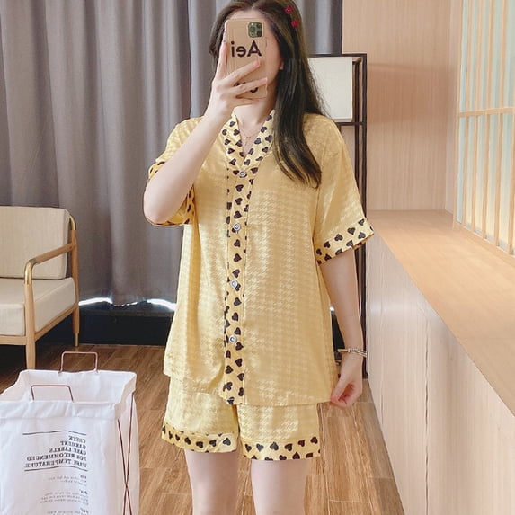 Summer Women Pajamas Set Luxury Style Fashion V-neck Short Sleeve Shorts Sleepwear Suit Faux Silk Homewear 2pcs Nightie Femme