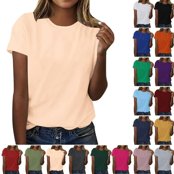 Summer Women Plus Size Short Sleeve Tops Women's fashion Crew Neck Solid Color Lightweight Loose Casual T-shirt Beige Color Size M Pullover Blouse Loungewear