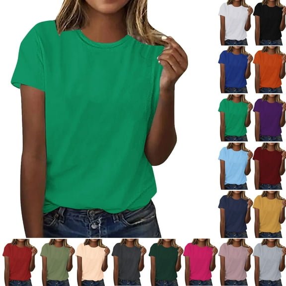 Summer Women Plus Size Short Sleeve Tops Women's fashion Crew Neck Solid Color Lightweight Loose Casual T-shirt Green Color Size M Pullover Blouse Loungewear