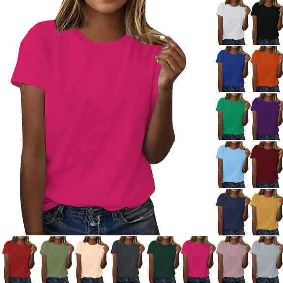Summer Women Plus Size Short Sleeve Tops Women's fashion Crew Neck Solid Color Lightweight Loose Casual T-shirt Hot Pink Color Size S Pullover Blouse Loungewear