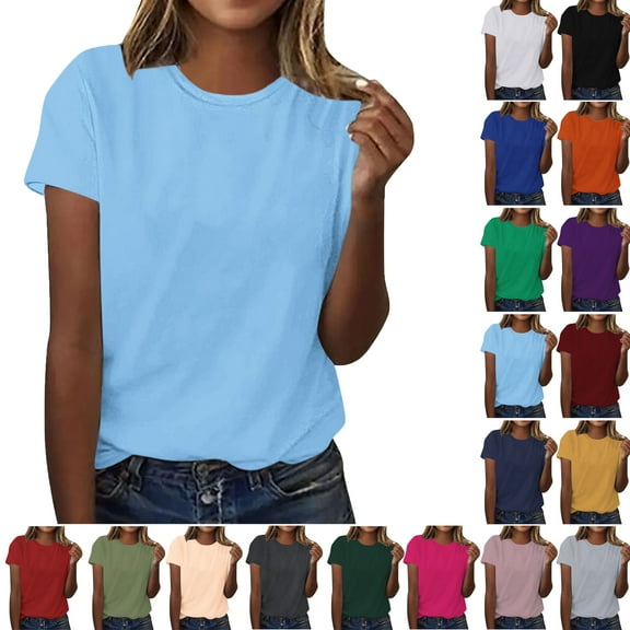 Summer Women Plus Size Short Sleeve Tops Women's fashion Crew Neck Solid Color Lightweight Loose Casual T-shirt Light Blue Color Size M Pullover Blouse Loungewear