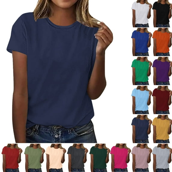 Summer Women Plus Size Short Sleeve Tops Women's fashion Crew Neck Solid Color Lightweight Loose Casual T-shirt Navy Color Size L Pullover Blouse Loungewear
