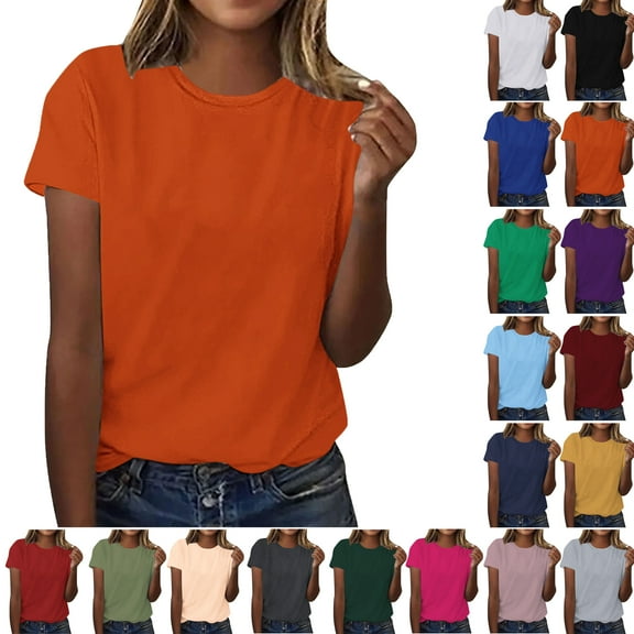 Summer Women Plus Size Short Sleeve Tops Women's fashion Crew Neck Solid Color Lightweight Loose Casual T-shirt Orange Color Size S Pullover Blouse Loungewear