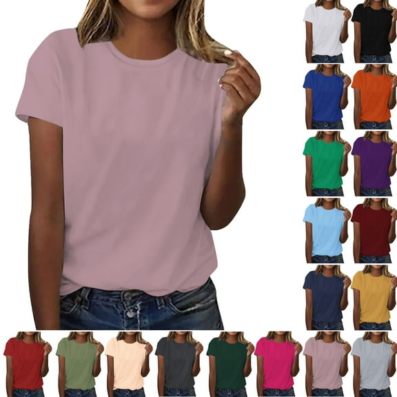Summer Women Plus Size Short Sleeve Tops Women's fashion Crew Neck Solid Color Lightweight Loose Casual T-shirt Pink Color Size XL Pullover Blouse Loungewear