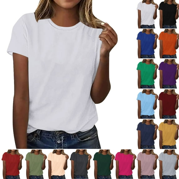 Summer Women Plus Size Short Sleeve Tops Women's fashion Crew Neck Solid Color Lightweight Loose Casual T-shirt White Color Size M Pullover Blouse Loungewear
