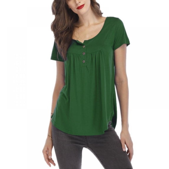 Summer Women Pure Short Sleeve V-neck Casual pleated Blouse T Shirt Tops Button Ladies Loose Baggy Button Tunic Tee