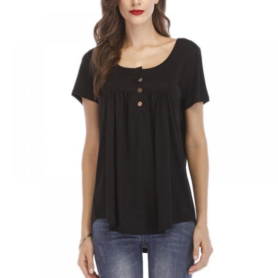 Summer Women Pure Short Sleeve V-neck Casual pleated Blouse T Shirt Tops Button Ladies Loose Baggy Button Tunic Tee