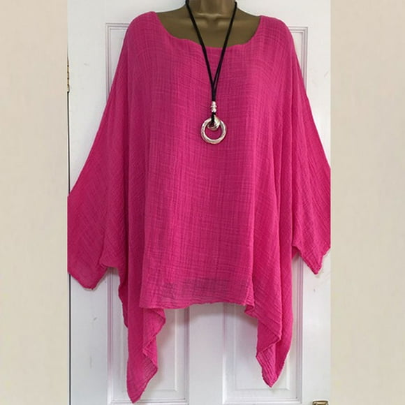 Summer Women Retro Round Neck Short Sleeve Plain Baggy Blouse