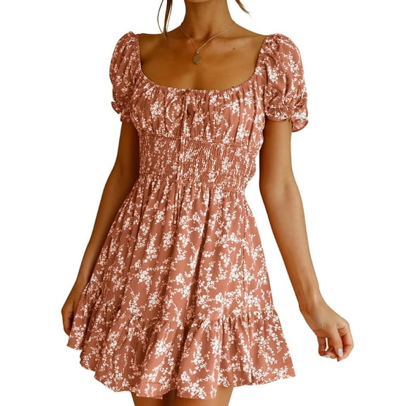 Summer Women Ruffle Sleeve Sqaure Neck Smocked Sun Dress Casual Boho Beach Floral Mini Dress