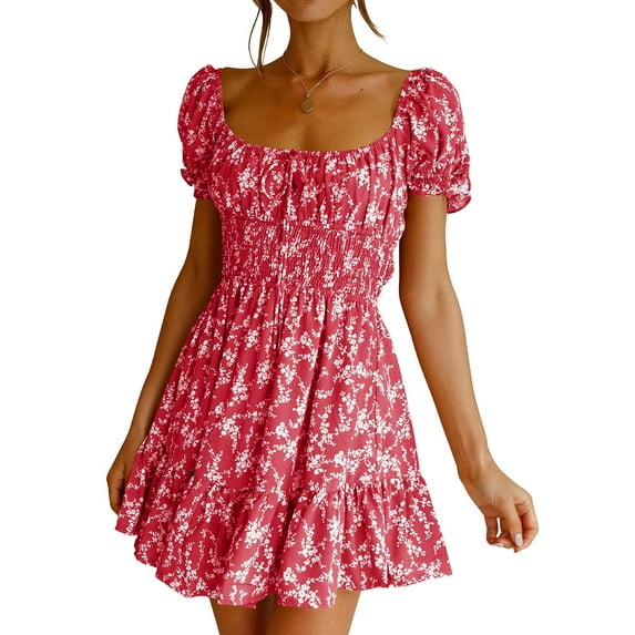 Summer Women Ruffle Sleeve Sqaure Neck Smocked Sun Dress Casual Boho Beach Floral Mini Dress