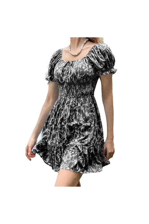 Summer Women Ruffle Sleeve Sqaure Neck Smocked Sun Dress Casual Boho Beach Floral Mini Dress
