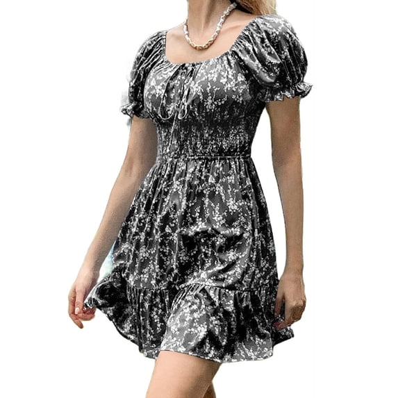 Summer Women Ruffle Sleeve Sqaure Neck Smocked Sun Dress Casual Boho Beach Floral Mini Dress