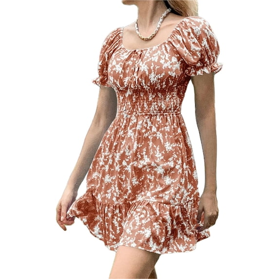 Summer Women Ruffle Sleeve Sqaure Neck Smocked Sun Dress Casual Boho Beach Floral Mini Dress
