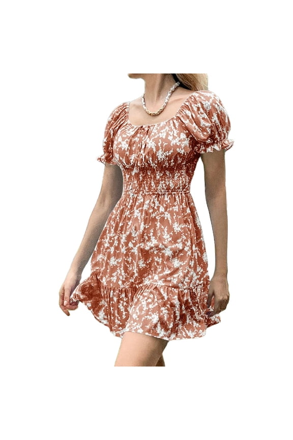 Summer Women Ruffle Sleeve Sqaure Neck Smocked Sun Dress Casual Boho Beach Floral Mini Dress