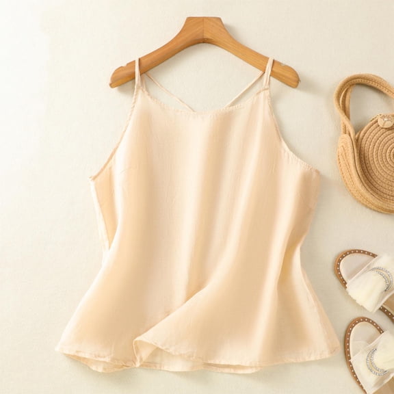 Summer Women'S Undershirts Tank Tops Solid Color Lace Patchworks And Linen Sleeveless Round-Neck Undershirt Tank Tops — Beige∣XL