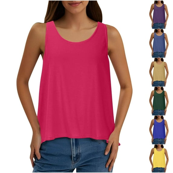 Summer Women'S Undershirts Tank Tops Solid Color Round Neck Back Slit Casual Padded Tank Tops — L