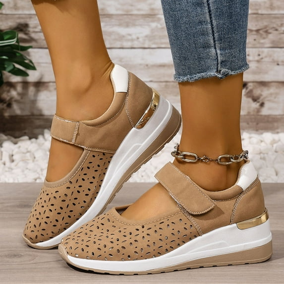 Summer Women Sandals Arch Support Wedge Close Toe Ankle Straps Hollow Solid Color High Heel Shoes Women Dressy Comfortable Summer Casual Sandals Khaki 40