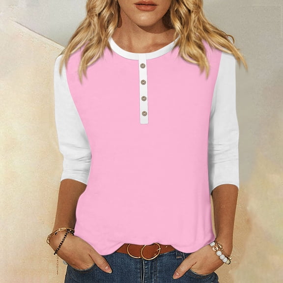 Summer Women Shirt Women's Fashion Casual Round Neck 3/4 Sleeve Color Block Button T-shirt Top