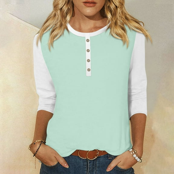 Summer Women Shirt Women's Fashion Casual Round Neck 3/4 Sleeve Color Block Button T-shirt Top