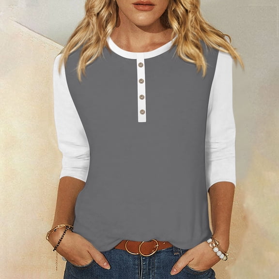 Summer Women Shirt Women's Fashion Casual Round Neck 3/4 Sleeve Color Block Button T-shirt Top