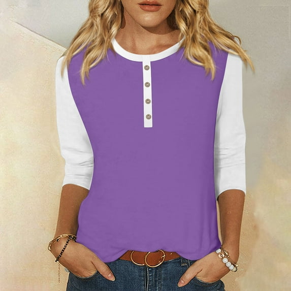 Summer Women Shirt Women's Fashion Casual Round Neck 3/4 Sleeve Color Block Button T-shirt Top