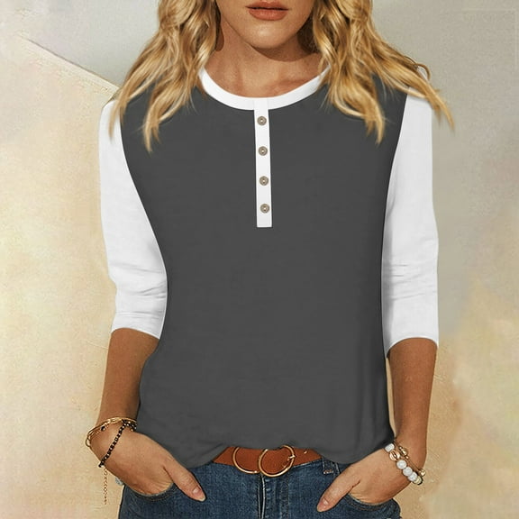 Summer Women Shirt Women's Fashion Casual Round Neck 3/4 Sleeve Color Block Button T-shirt Top