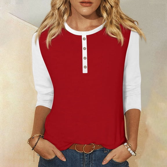 Summer Women Shirt Women's Fashion Casual Round Neck 3/4 Sleeve Color Block Button T-shirt Top