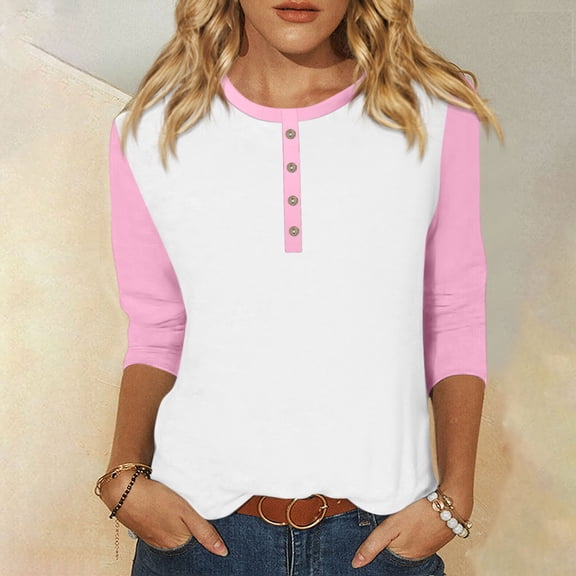 Summer Women Shirt Women's Fashion Casual Round Neck 3/4 Sleeve Color Block Button T-shirt Top
