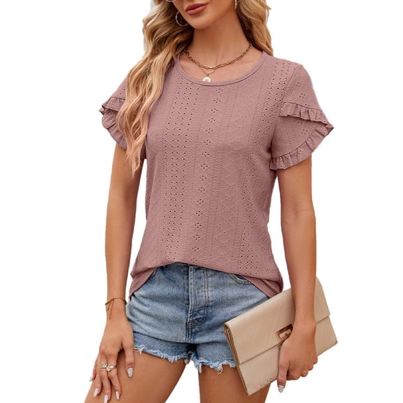 Summer Women Shirt Women's Fashion Casual Solid Color Petal Sleeve Short Sleeved T-shirt Top