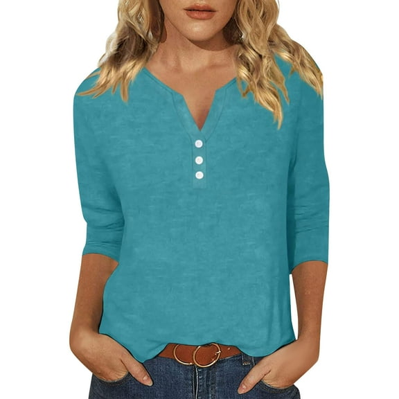 Summer Women Shirt Women's Fashion Casual Solid Colour V-Neck Button Up 3/4 Sleeve T-Shirt Top