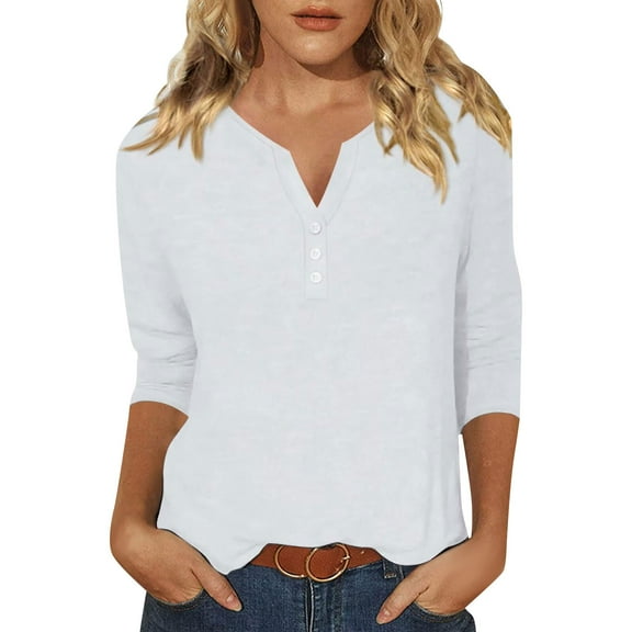Summer Women Shirt Women's Fashion Casual Solid Colour V-Neck Button Up 3/4 Sleeve T-Shirt Top