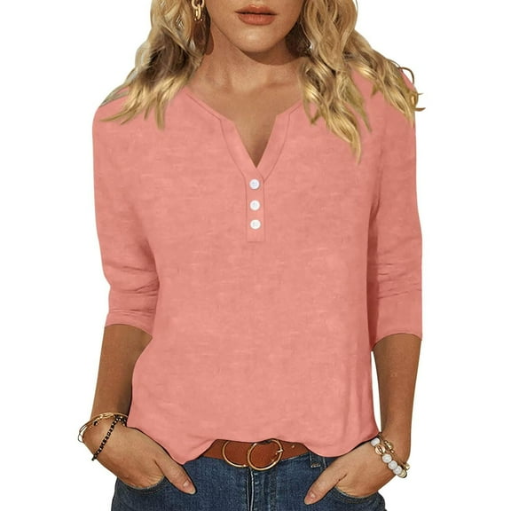 Summer Women Shirt Women's Fashion Casual Solid Colour V-Neck Button Up 3/4 Sleeve T-Shirt Top