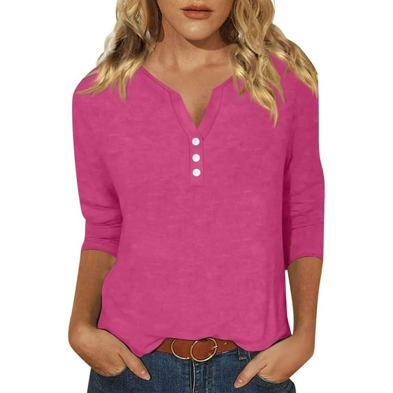 Summer Women Shirt Women's Fashion Casual Solid Colour V-Neck Button Up 3/4 Sleeve T-Shirt Top