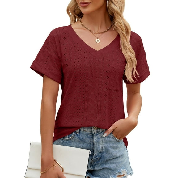Summer Women Shirt Women's Fashion Solid Color Pocket Short Sleeve V Neck Loose T-Shirt Top