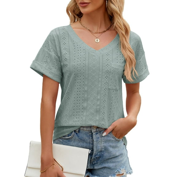 Summer Women Shirt Women's Fashion Solid Color Pocket Short Sleeve V Neck Loose T-Shirt Top