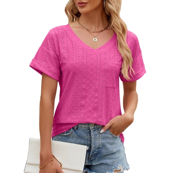 Summer Women Shirt Women's Fashion Solid Color Pocket Short Sleeve V Neck Loose T-Shirt Top