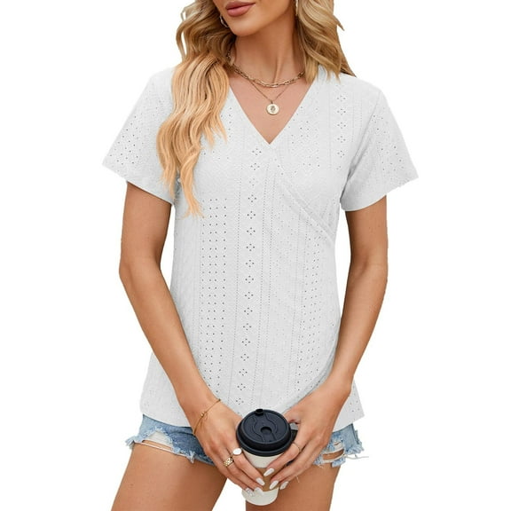 Summer Women Shirt Women's Fashion Solid Color Short Sleeve Cross V Neck Casual Irregular Hem T-Shirt Top